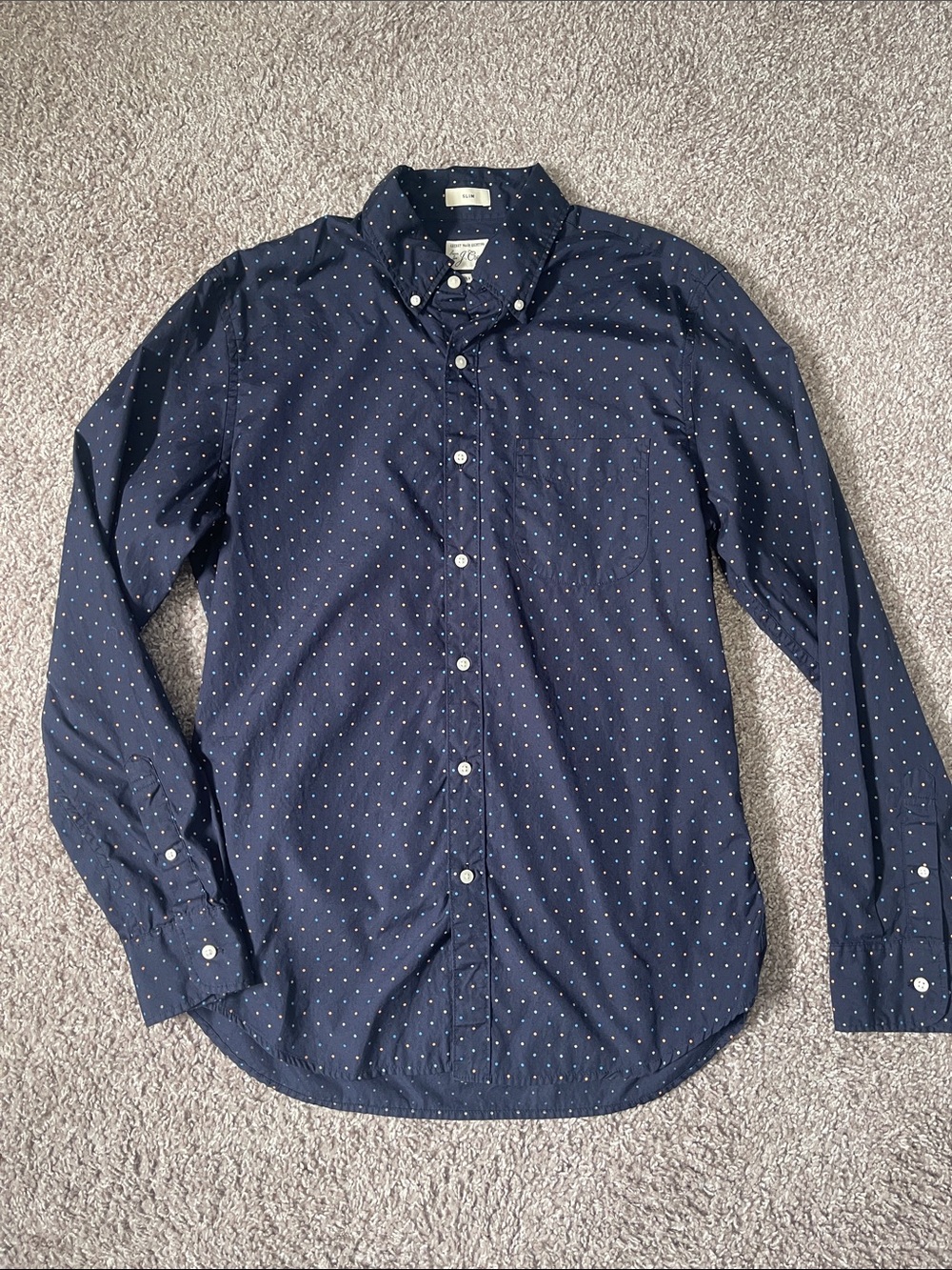 J. Crew Navy Button-Down Shirt with White Polka Dots